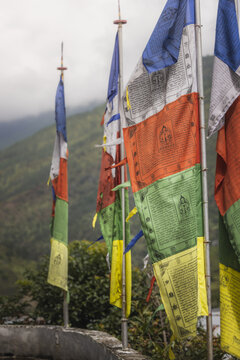 View of vibrant prayer flags fluttering against a misty mountain backdrop, their colorful fabrics a stark contrast to the grey sky, Sopsokha, Punakha, Bhutan.