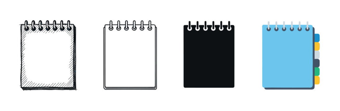 Set of four spiral notebook icons showing different artistic styles including hand-drawn sketch, simple line art, a solid black silhouette, and a colorful flat design with tabs