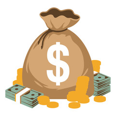 A brown money bag with a white dollar sign, surrounded by stacks of green paper money and shiny gold coins, representing wealth, finance, savings, and investment, isolated on