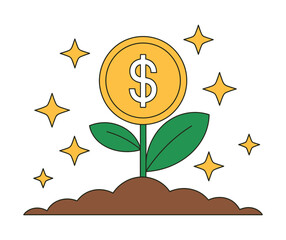 A golden dollar coin grows from a plant in the soil, symbolizing financial growth.