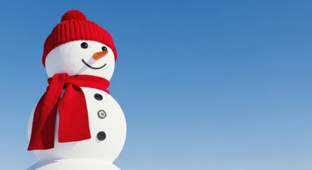 Playful Snowman with Red Hat and Scarf in Winter Scenery, Joyful Seasonal Character