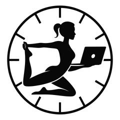 A black silhouette of a woman in a yoga pose holding a laptop, integrated into a clock face, representing worklife balance, time management, and digital productivity, isolated on white