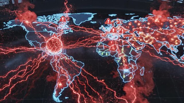 Global Cyber Attack Simulation on World Map with Red Lightning and Warning Signs, Representing Network Security Threat