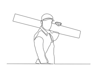 Single Continuous Line Drawing of a Construction Worker or Carpenter Carrying a Wooden Plank