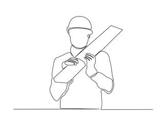 Single Continuous Line Drawing of a Construction Worker or Carpenter Carrying a Wooden Plank