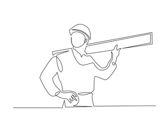 Single Continuous Line Drawing of a Construction Worker or Carpenter Carrying a Wooden Plank