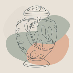 Minimalist line art urn with botanical design and abstract shapes