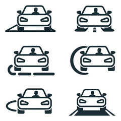 A comprehensive set of car icons illustrating various driving scenarios and vehicle maneuvers, including parking, turning, bumpy roads, and general car movement, ideal for automotive design and ui
