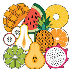 A colorful collection of fresh tropical and common fruits, featuring slices of mango, watermelon, pineapple, orange, dragon fruit, lime, and pear, neatly arranged, isolated on