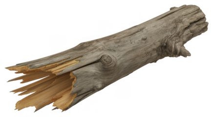 Weathered gray wood branch with splintered end isolated on a transparent background
