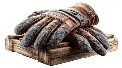 Gloves and Wooden Crate: A pair of worn leather gloves rests atop a weathered wooden crate, hinting at craftsmanship and the passage of time.