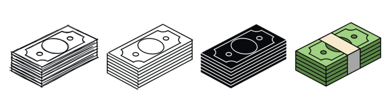 Collection of four money stack icons in various graphic styles including sketch, line art, solid glyph, and a colored cartoon illustration with an isometric perspective