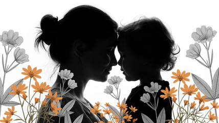Parent and child silhouette vector illustration with floral accents in emotional and artistic black outline style
