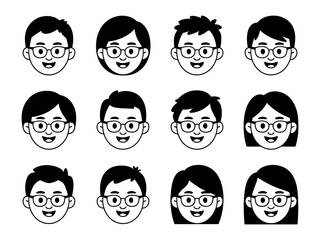A collection of diverse cartoon faces with glasses showcases different hairstyles and expressions.