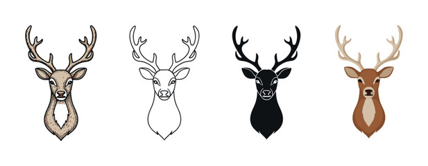 Set of four deer head illustrations in different artistic styles including hand drawn sketch, simple outline, black silhouette, and modern flat vector design for logos or icons