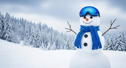 Fototapeta premium Snowman with Blue Goggles and Scarf in Winter Wonderland Forest with Snowy Pines Celebrating Winter Holiday Vacation