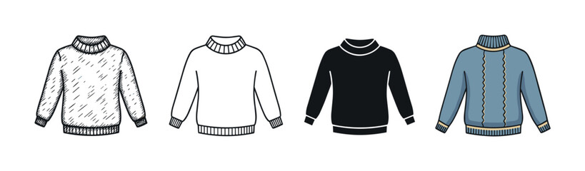 Set of four illustrated sweaters in different graphic styles including hand-drawn sketch, line art, silhouette, and colored cartoon for fashion or winter concepts