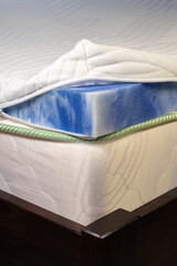 Mattress inner filling. Topper mattress with a core of pressure-relieving blue gel foam. Adapts to body and leads away excess heat. Vertical photo.