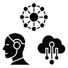 Artificial intelligence, machine learning, and cloud computing concepts are represented by a robot head, a data network, and a digital cloud icon, isolated on