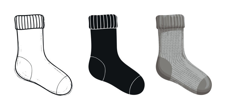 Set of three warm sock illustrations in different styles, including a simple line art sketch, a black silhouette, and a detailed grey knitted sock