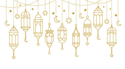 Arabic traditional Ramadan lanterns with golden garland. Muslim lantern design for Ramadan Kareem holiday, with oriental garland and traditional Islamic elements
