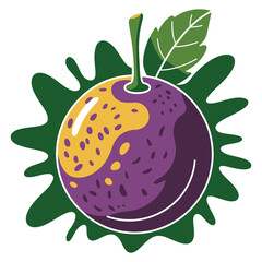 A vibrant and stylized illustration of a whole passion fruit, featuring its rich purple and bright yellow skin, complete with a green stem and leaf, set against a dynamic dark green splash design