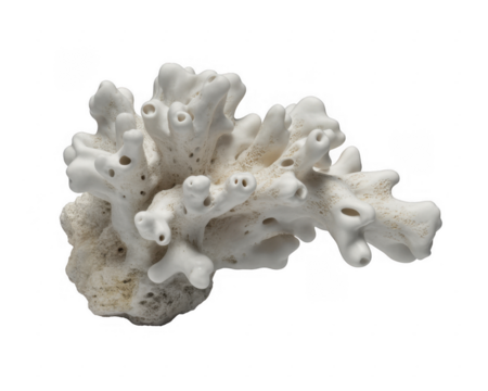White coral branch with porous texture and tubular openings isolated on a transparent background