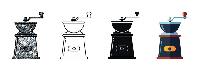 Set of four vintage coffee grinders presented in various artistic styles like scribble, line art, solid glyph, and a colorful flat design illustration