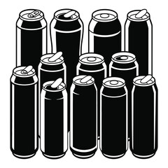 Black and white illustration of a group of assorted aluminum beverage cans, some open and some closed, standing together, representing refreshment containers, isolated on