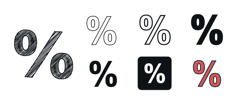 Versatile set of percent sign icons in multiple styles like hand-drawn sketch, line art, and solid fill, representing financial rates, discounts, and promotional sales offers