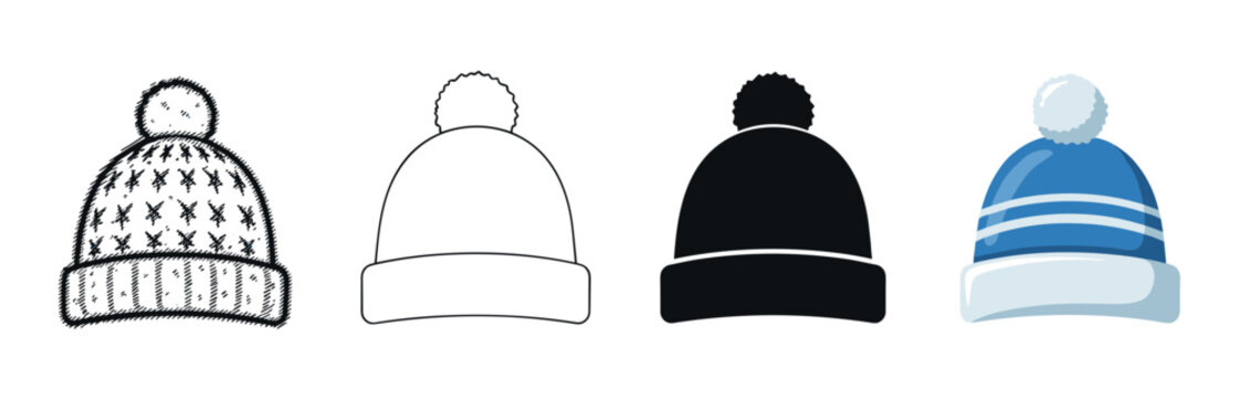 Four winter beanie hats with pom-poms shown in different illustration styles like hand-drawn sketch with snowflakes, simple outline, black silhouette, and blue flat cartoon
