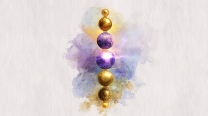 Vertical stack of golden and purple spheres on paper background
