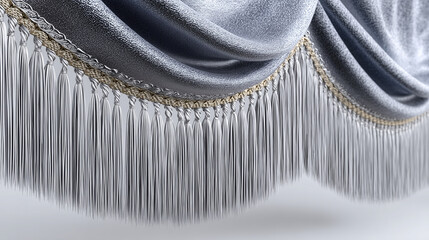 Velvet drapery with long fringe trim close up