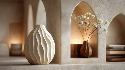 Wavy beige ceramic vase on shelf