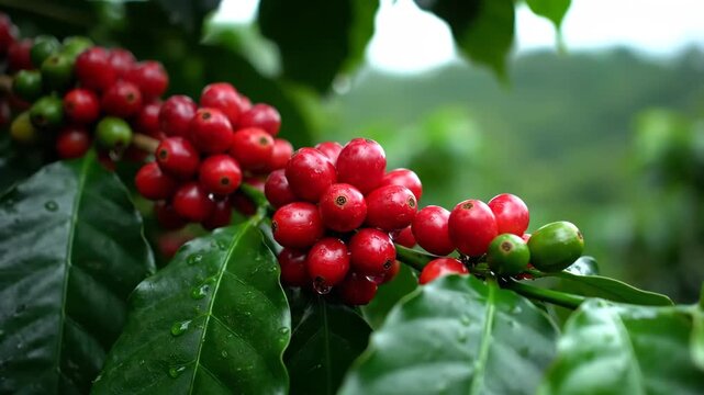 Captivating Coffee Cherry Branch Showcase: From Bud to Bean in a Tropical Garden Setting