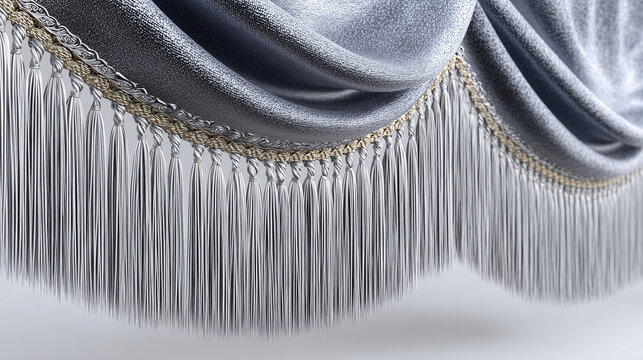 Velvet drapery with long fringe trim close up