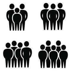 Collection of four distinct black silhouette icons representing groups of people, symbolizing community, team, and social interaction, isolated on