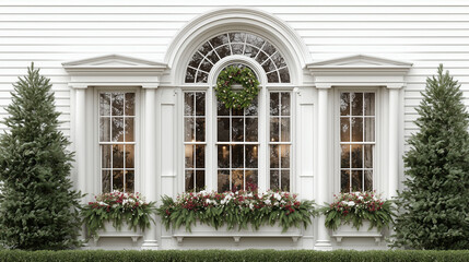 White siding house window with Christmas wreath