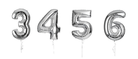 Shiny Silver Number Balloons (3, 4, 5, 6) Perfect for Celebrations, Isolated on Transparent Background