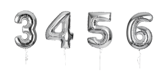 Shiny Silver Number Balloons (3, 4, 5, 6) Perfect for Celebrations, Isolated on Transparent Background
