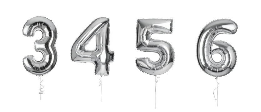 Shiny Silver Number Balloons (3, 4, 5, 6) Perfect for Celebrations, Isolated on Transparent Background