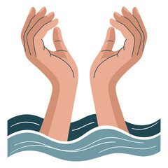 Illustration of two human hands emerging from blue water, palms slightly open, symbolizing seeking help, rescue, survival, drowning, or being overwhelmed, isolated on