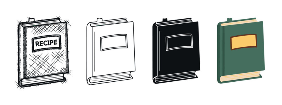 Set of four recipe book illustrations in different artistic styles, including a hand-drawn sketch, simple outline, black silhouette, and a flat color green cookbook for culinary design