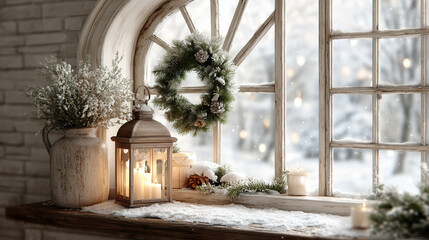 Holiday Wreath and Lantern on Snowy Window Ledge