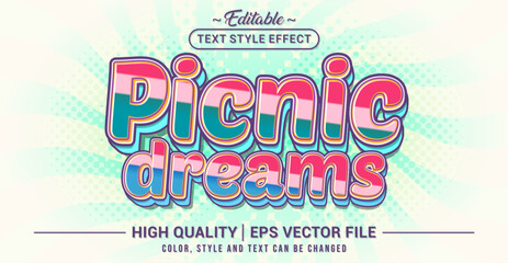 Editable text effect vector “Picnic Dreams”, featuring cheerful, soft, outdoor-inspired lettering that captures cozy picnic vibes, sunny relaxation, and lighthearted summer moods.