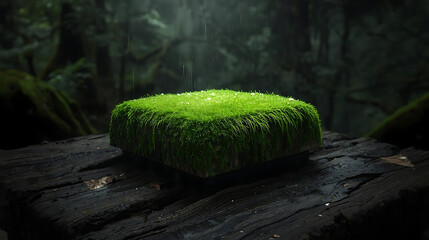 Fototapeta premium Mossy Platform in a Lush Forest: Tranquil Nature Scene with Vibrant Green Moss on a Rustic Wooden Surface, Perfect for Product Display or