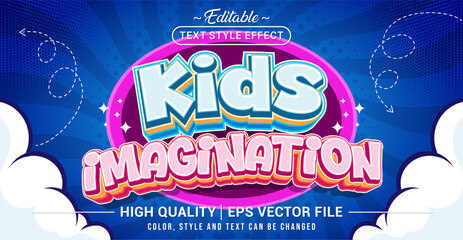 Editable text effect vector “Kids Imagination”, featuring playful, colorful, dreamy lettering that expresses creativity, curiosity, and joyful childhood fantasy.