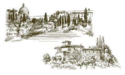 A pen and ink sketch of an Italian hillside village with historic buildings, cypress trees and a distand domed structure