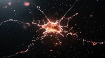 A highly detailed 3D render of a neuron cell, glowing with orange light against a dark background filled with small particles. The cell has a central body and b