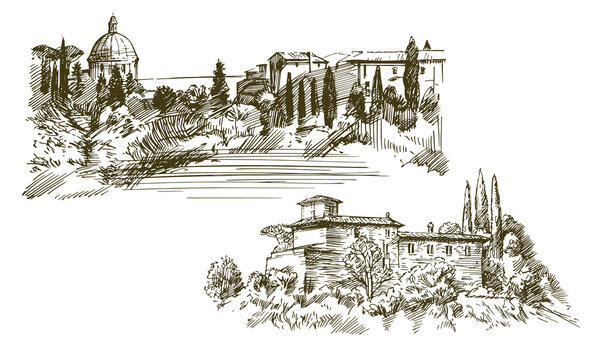 A pen and ink sketch of an Italian hillside village with historic buildings, cypress trees and a distand domed structure